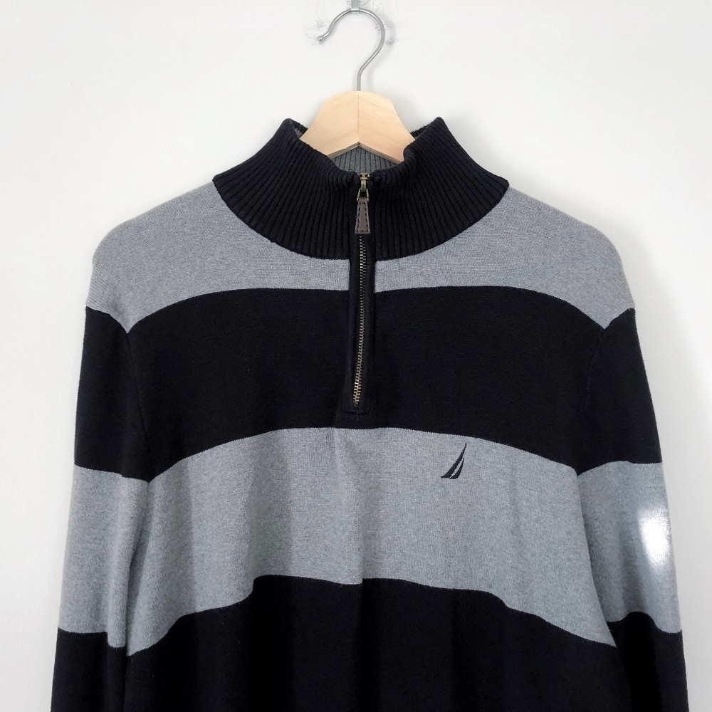 Nautica Gray & Black Striped Pullover Zip Sweater